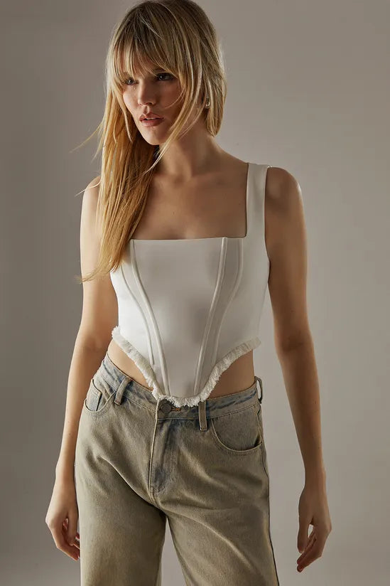 Tailored Corset Top With Fringed Trim
