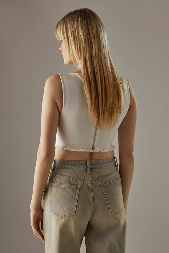 Tailored Corset Top With Fringed Trim
